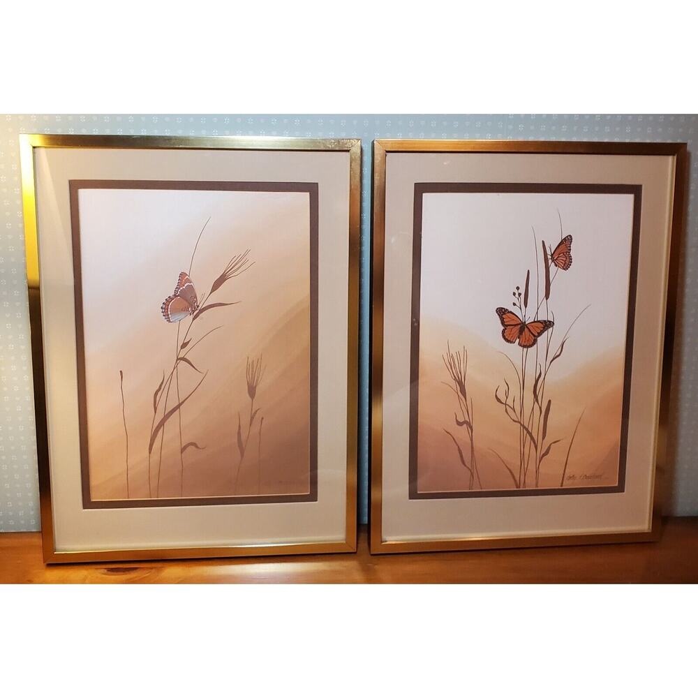 Vintage 70s Cathy J Bouchard Pair Of Mushroom Butterfly Signed Litho Art Prints